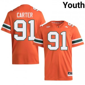 Officially Licensed Jarquez Carter #91 Miami Canes Orange Jersey | Youth University Football Embroidery Fan Gear 15857431